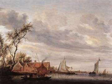 River Scene with Farmstead Salomon van Ruysdael Oil Paintings